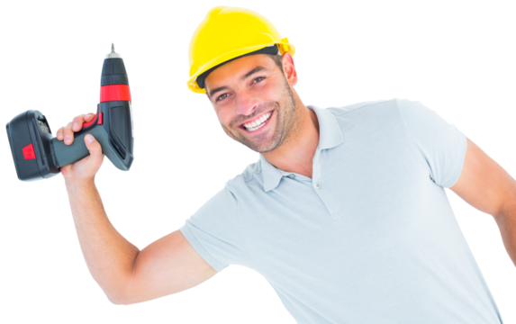 Smiling repairman holding power drill
