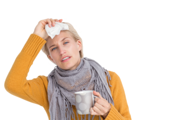 Close up of woman feeling her forehead