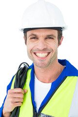 Happy electrician with wire against white background