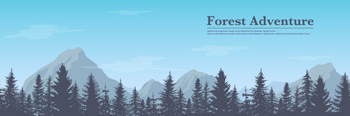 Blue sky and mountain and pine trees landscape vector illustration. Forest panorama view. Spruce silhouette. Banner background.