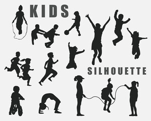set of silhouette group kids running, laughing, playing together enjoy the happiness