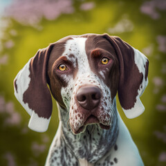 Ravishing hyper realistic digital portrait of happy English pointer dog in natural outdoor lush with flower during springtime background as concept of modern domestic pet by Generative AI.