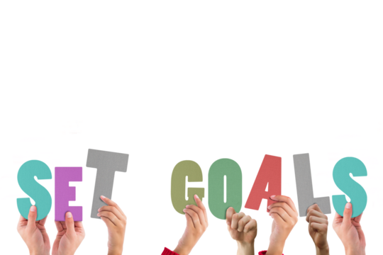 Cropped hands holding colorful words set goals  - Powered by Adobe