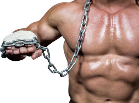 Midsection of shirtless bodybuilder wearing bandage and chain