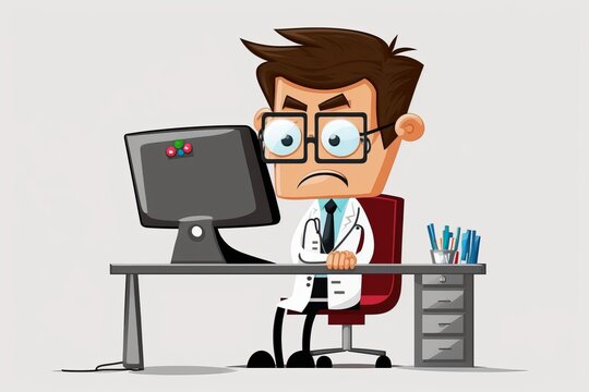 cartoon doctor sitting in front of computer