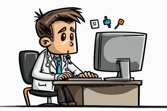 cartoon doctor sitting in front of computer