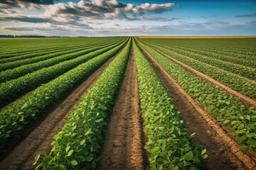 Fototapeta na wymiar Rows of soy plants in a cultivated farmers field. Generative AI