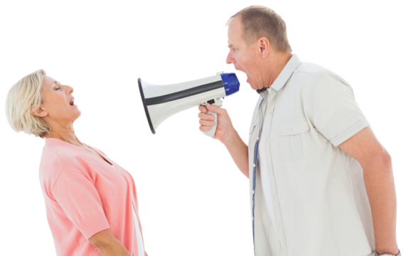 Man shouting at his partner through megaphone