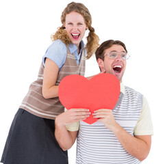 Excited geeky hipster couple with heart card 