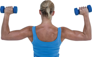 Rear view of muscular woman lifting dumbbells