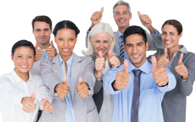 Happy business people with thumbs up looking at camera 