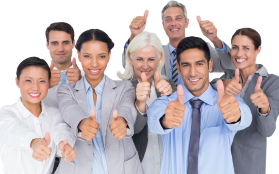 Happy business people with thumbs up looking at camera 