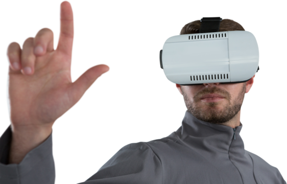 Man gesturing while using virtual reality headset