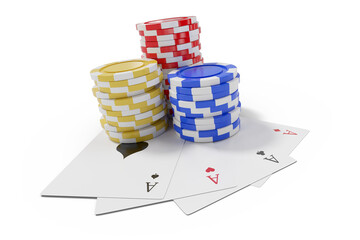 Naklejka premium Tilt image of casino tokens with playing cards