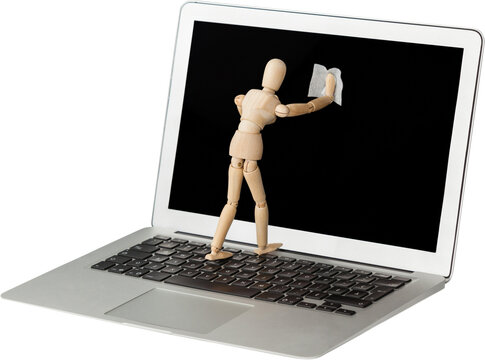 3d image of wooden figurine cleaning laptop with cloth  - Powered by Adobe