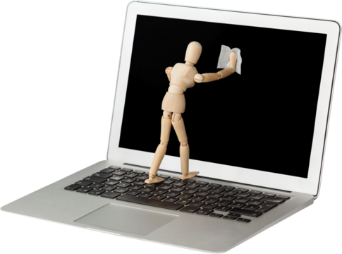 3d image of wooden figurine cleaning laptop with cloth - Powered by Adobe