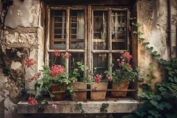 Fototapeta na wymiar colorful array of potted flowers displayed on a windowsill. Generative AI