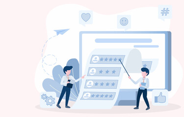 The level of customer satisfaction with the product or service. Professionals review and analyze customer reviews, ratings and comments to improve and increase customer loyalty. Vector illustration.