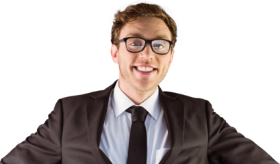 Young geeky businessman smiling at camera