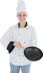 Portrait of happy female chef holding cooking pan
