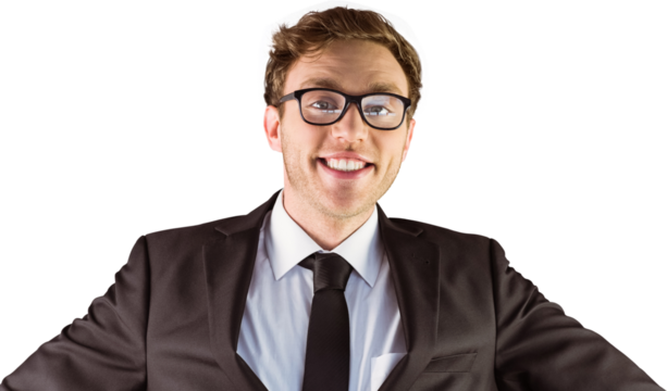Young geeky businessman smiling at camera 