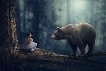 Fairy tale fantasy forest encounter between a girl and a bear atop a tree branch