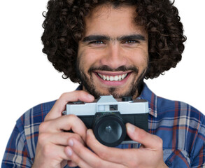 Close up portrait of smiling photographer holding camera 