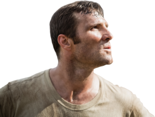 Portrait of military soldier looking up 