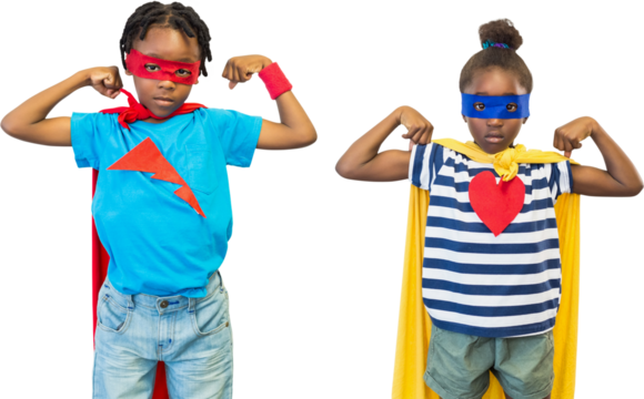 Siblings in superhero disguise showing muscles