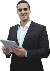 Portrait of smiling businessman holding digital tablet