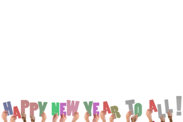 Colorful alphabet spelling happy new year to all held up by people 