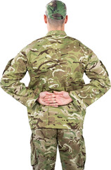 Rear view of soldier standing with his hands behind back