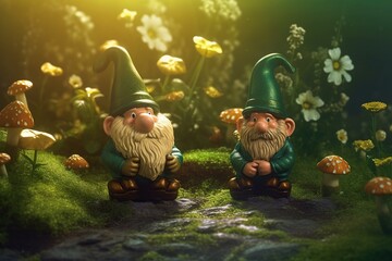 Gnomes in forest with clover shamrocks and golden bokeh, St. Patrick's Day. Generative AI