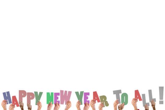 Colorful alphabet spelling happy new year to all held up by people 