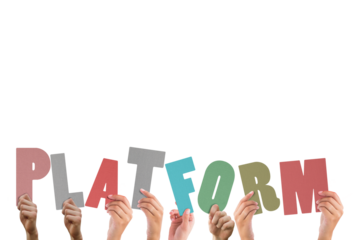 Colorful alphabet spelling platform held up by people 