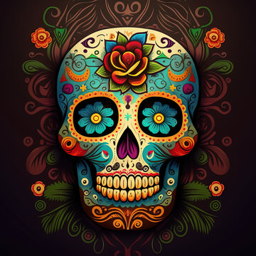 Sugar Skull, day of the dead, bright colors by generative ai