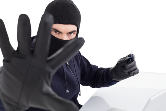 Angry hacker using credit card and gesturing