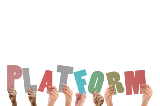 Colorful alphabet spelling platform held up by people 