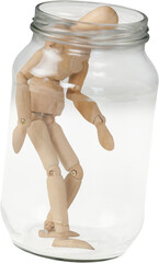3d image of wooden figurine in glass jar