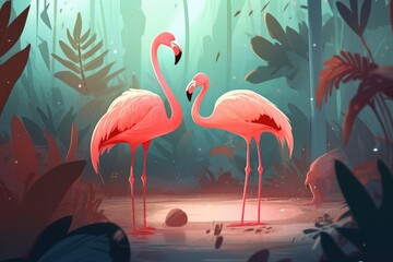 Fototapeta premium A painting of a flamingo in a swamp with a pink bird on the background of a forest. Generative AI