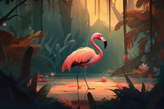 A painting of a flamingo in a swamp with a pink bird on the background of a forest. Generative AI