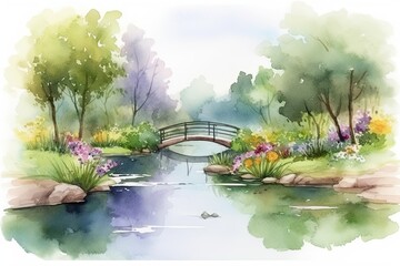 A tranquil garden with blooming flowers, lush greenery, and a peaceful pond background watercolor  Generative AI