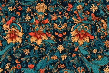 vibrant floral pattern with red and orange flowers on a blue background. Generative AI