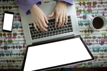 Overhead view of woman using laptop computer