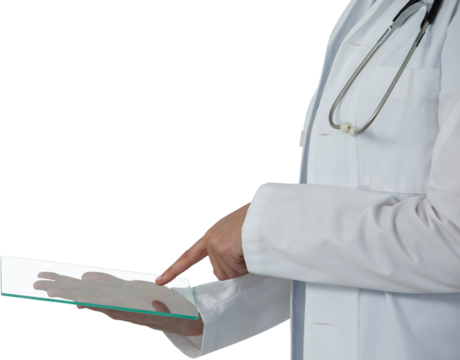 Midsection of female doctor using glass as imaginative digital tablet