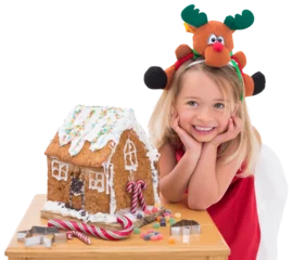 Rolgordijnen Festive little girl making gingerbread house © vectorfusionart