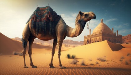 Ramadan Nights: Stunning Camel Wallpaper Design with Exquisite Artistic Details, Perfect for Celebrating the Holy Month with Beautiful Decoration (Generative AI)