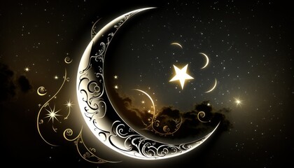 Ramadan crescent moon and star : Beautiful Wallpaper Design Featuring Elegance and Islamic Motifs for a Festive and Spiritual Atmosphere (Generative AI)