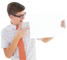 Geeky hipster smiling and showing card