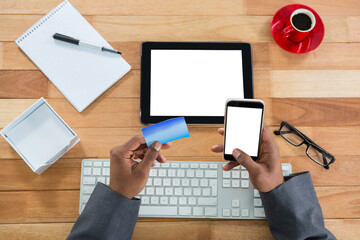 Close up of businessman doing online shopping on mobile phone